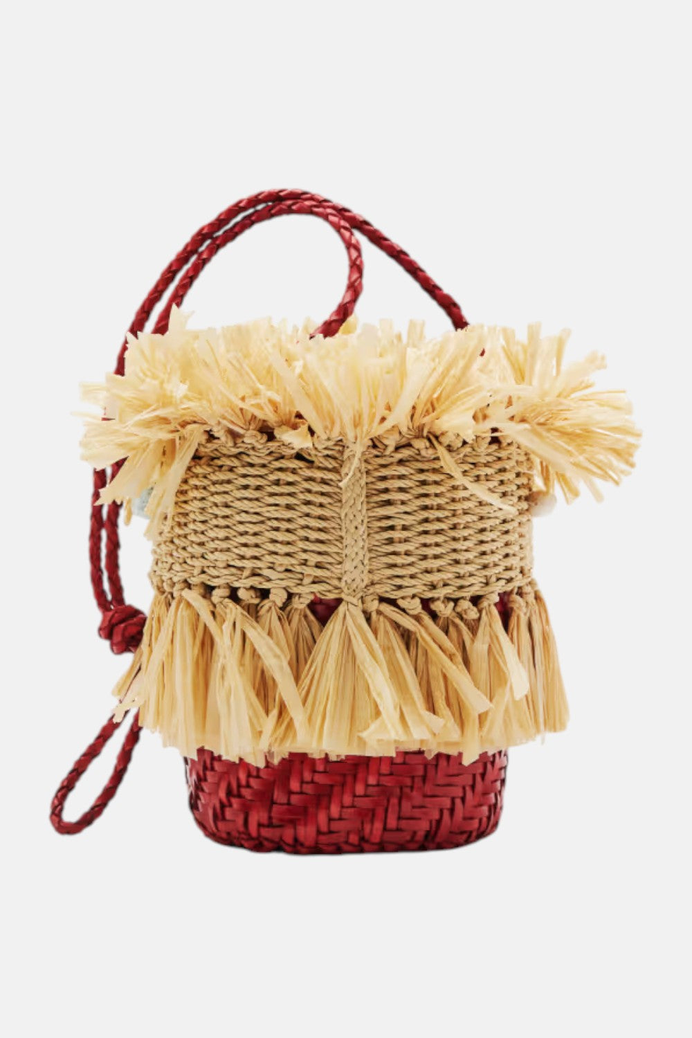 borsa a secchiello in rafia e pelle