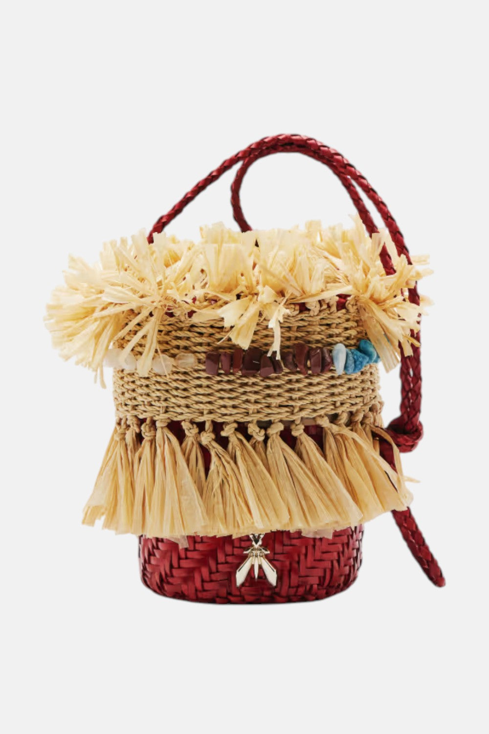 borsa a secchiello in rafia e pelle
