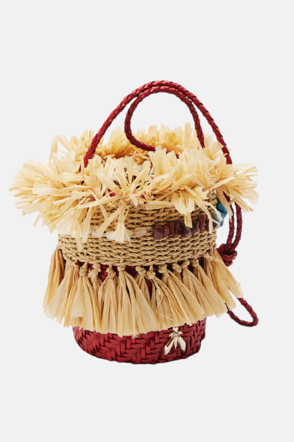 borsa a secchiello in rafia e pelle