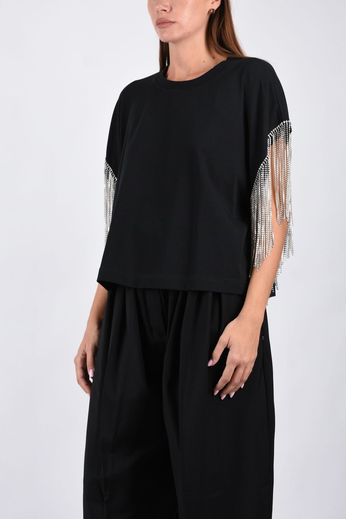 T-shirt boxy in cotone con frange in strass RIVIERA 2622946015