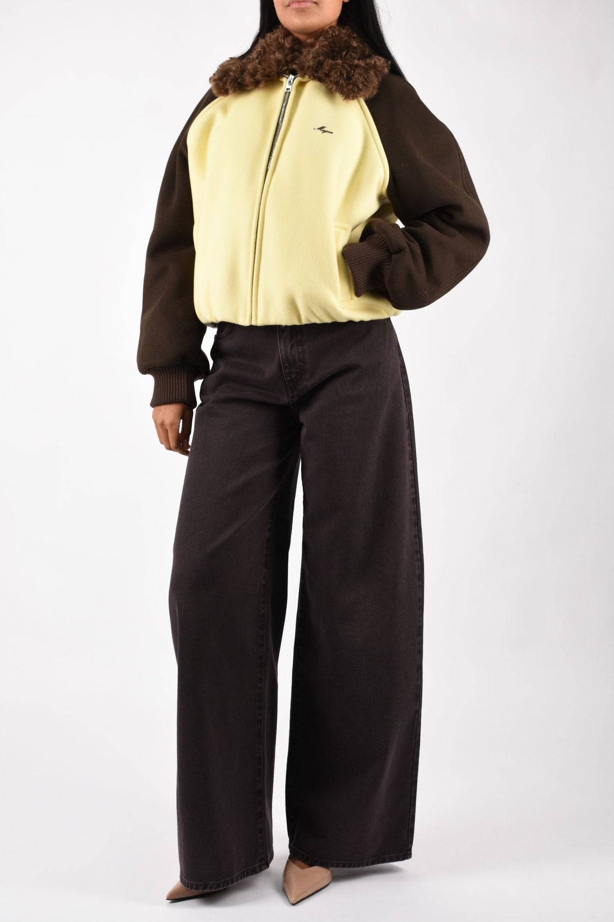 Bomber colorblock in misto lana con colletto in ecopelliccia 4141MDH05XY267602
