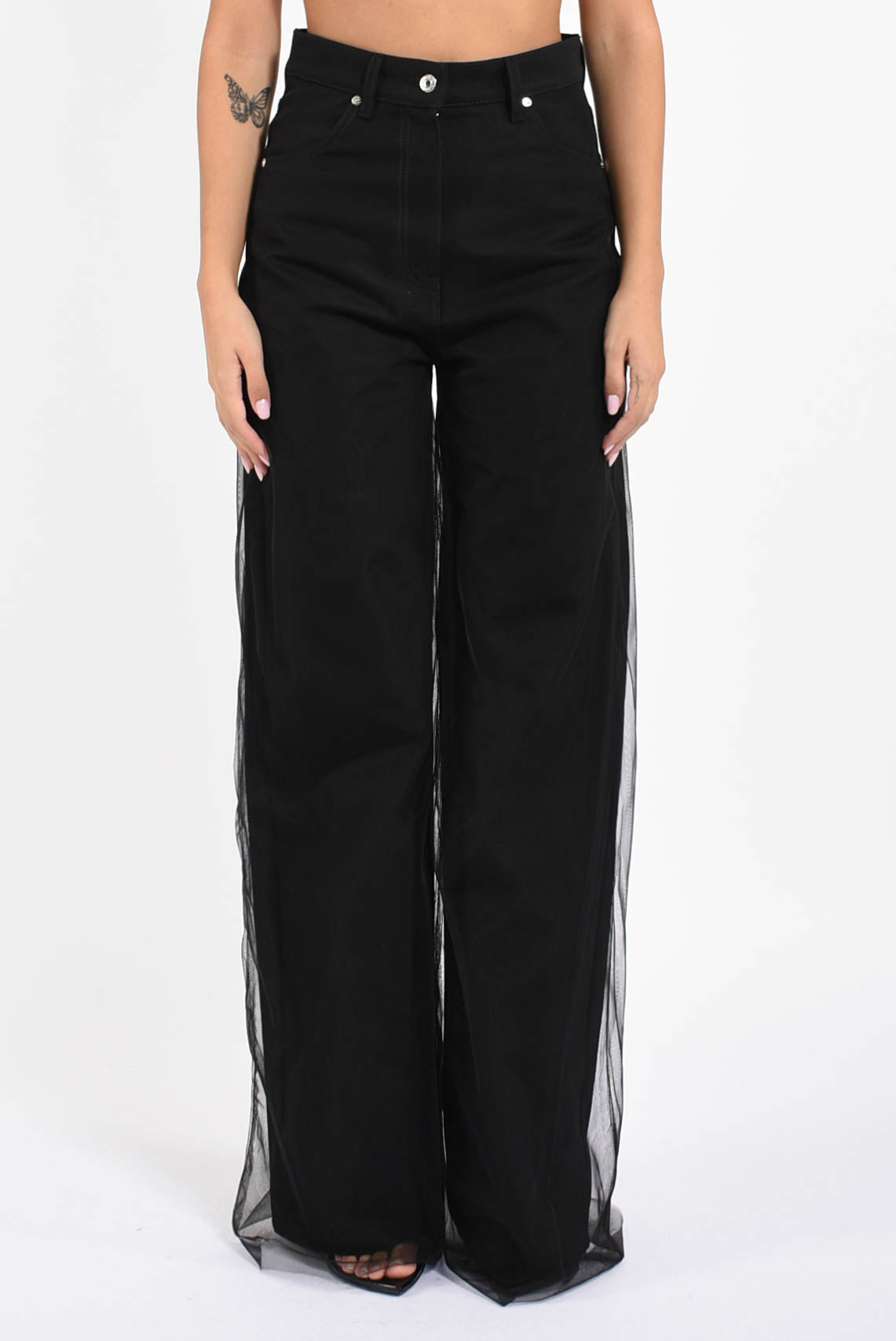 pantaloni in bull denim e tulle