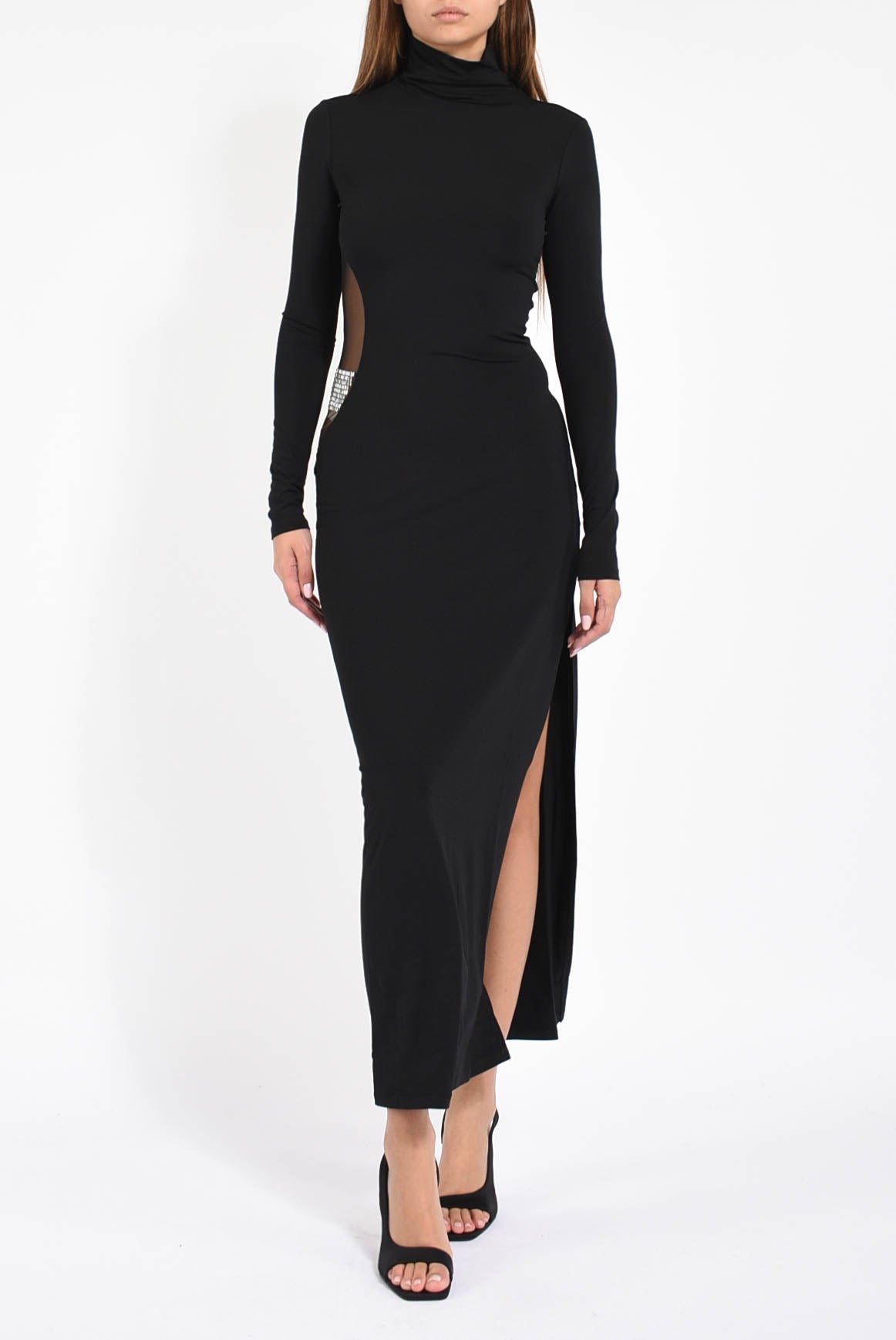 Abito lungo a collo alto con strass