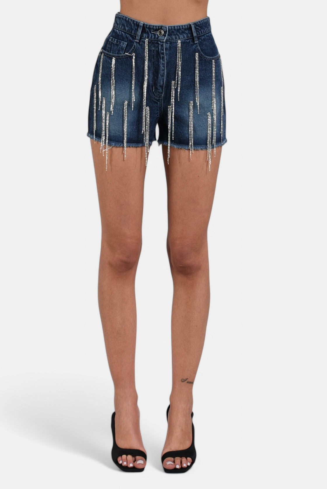 shorts in denim con strass