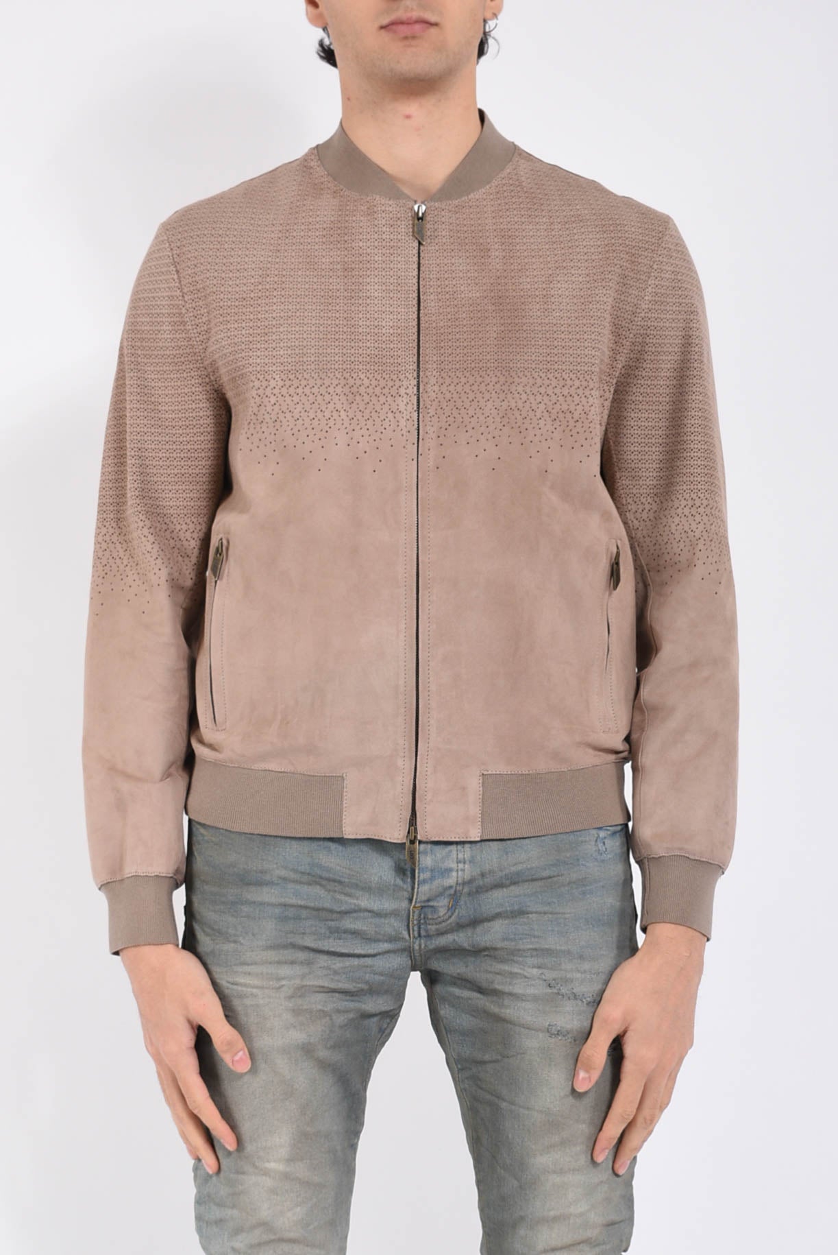 Bomber in pelle scamosciata traforato