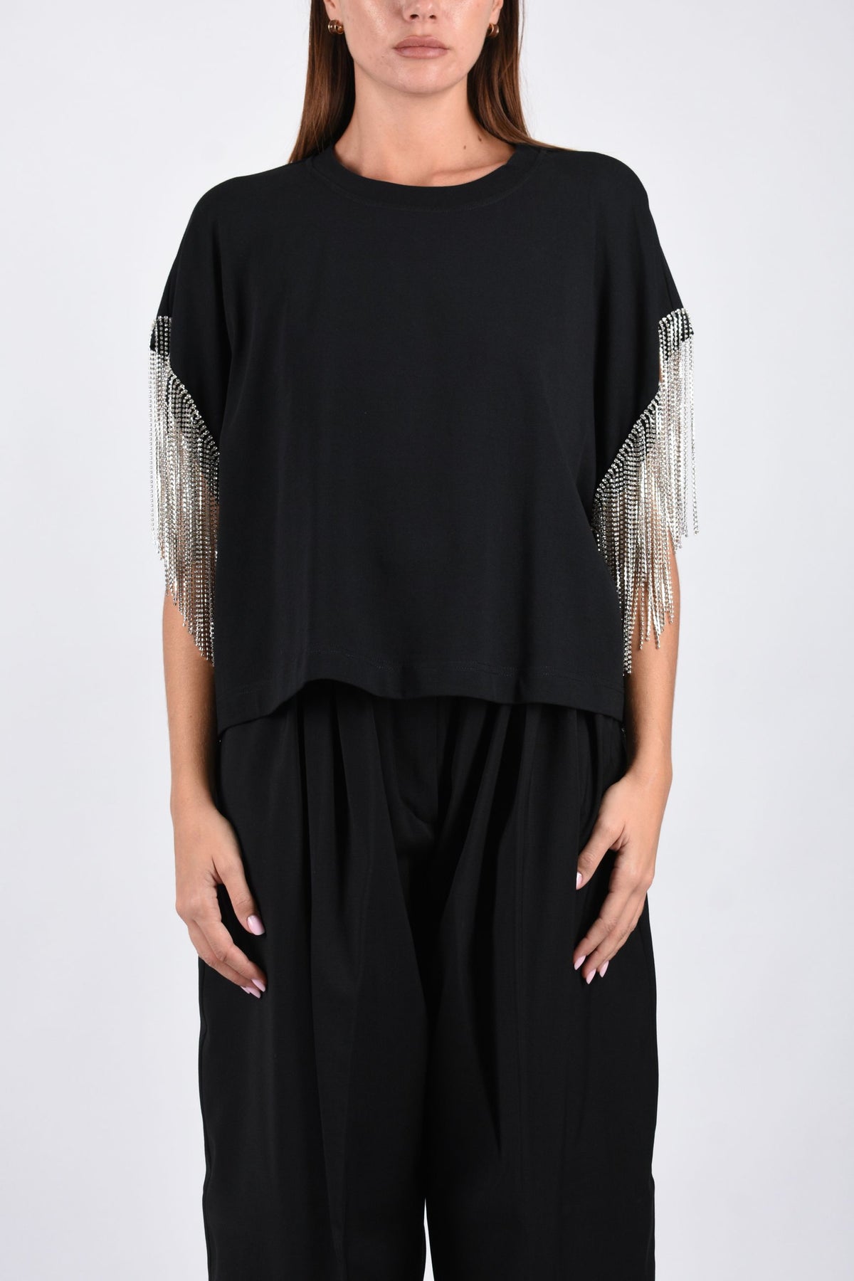 T-shirt boxy in cotone con frange in strass RIVIERA 2622946015