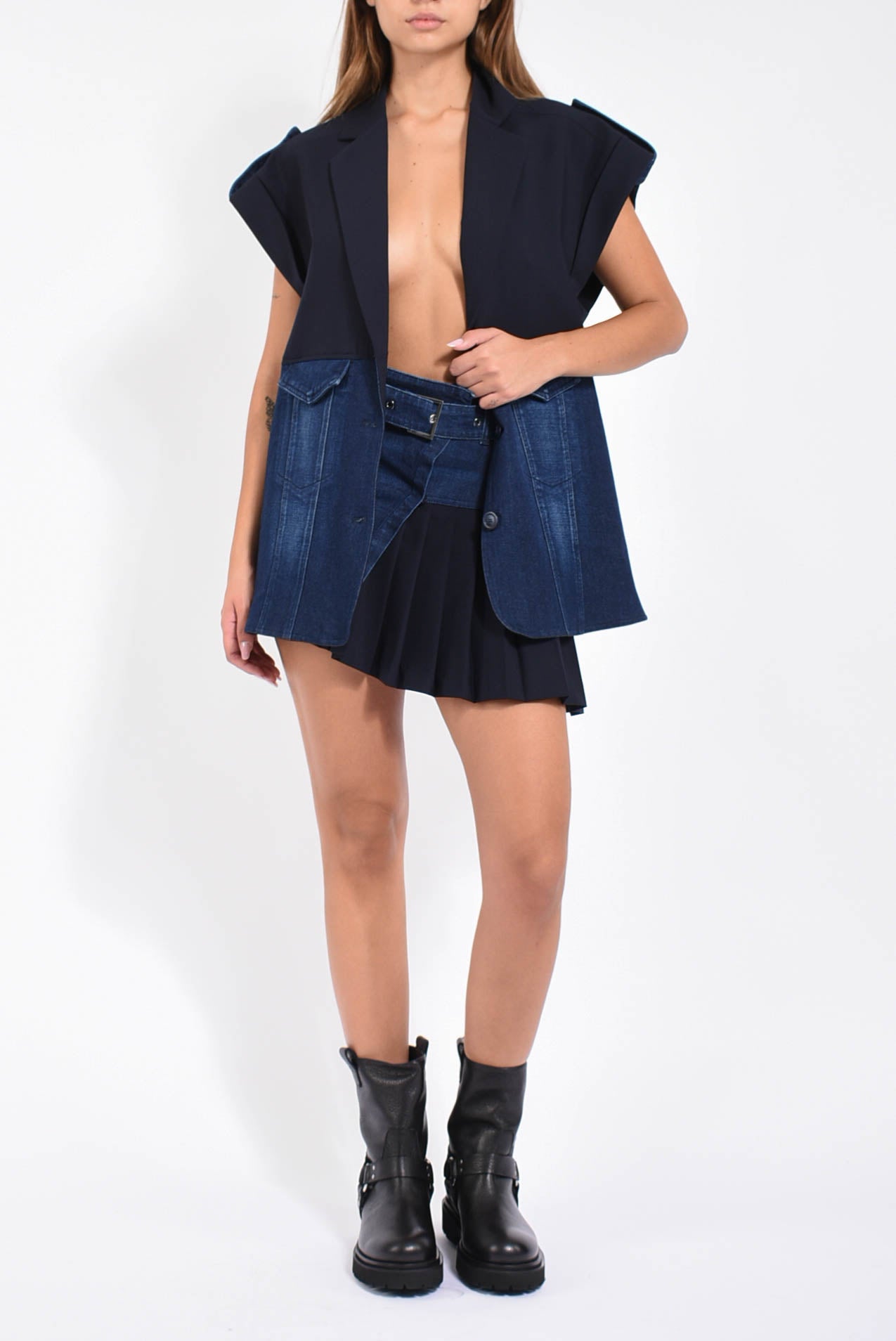 Gonna mini in denim e tela di lana