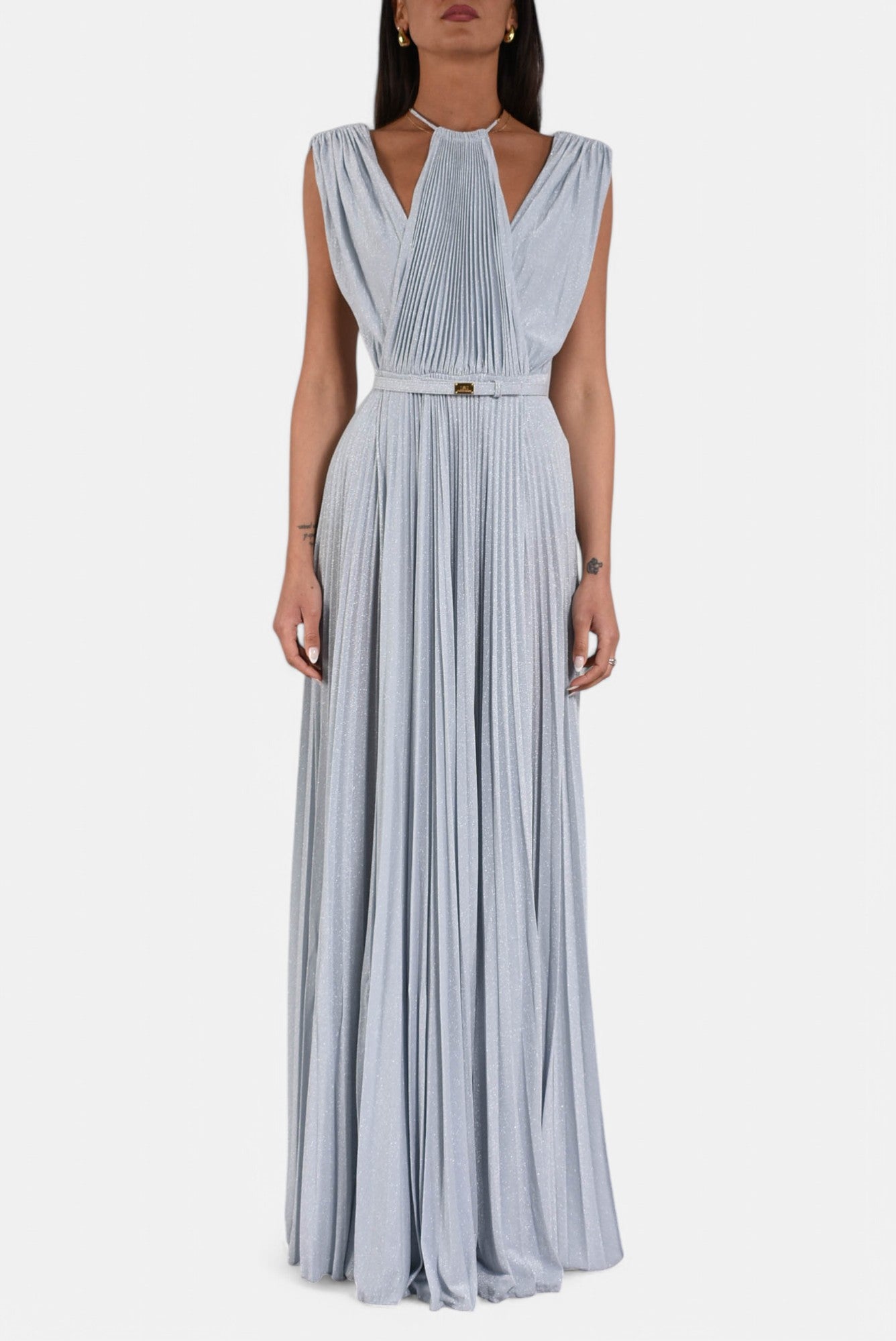 Abito lungo in jersey lurex con cintura