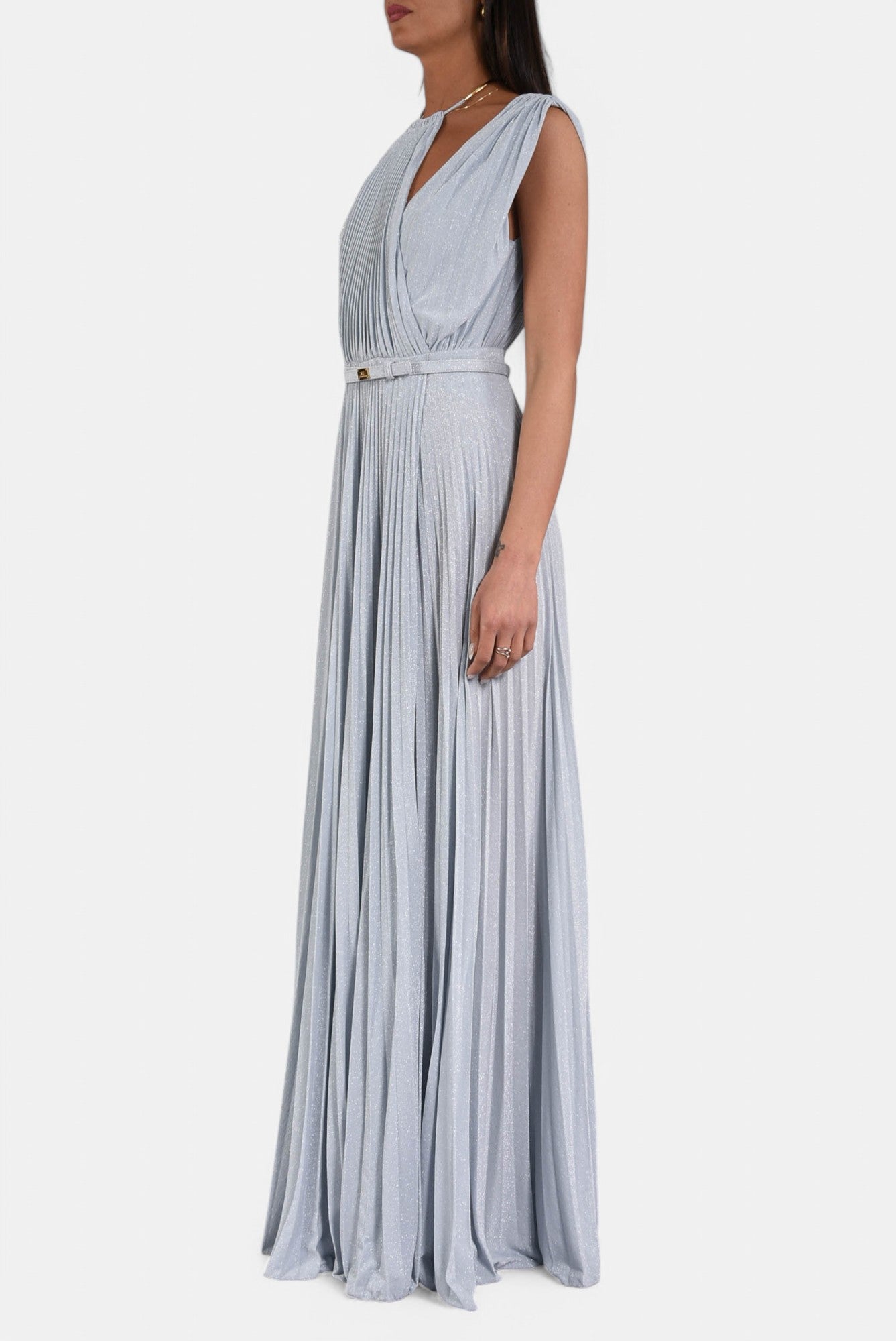 Abito lungo in jersey lurex con cintura