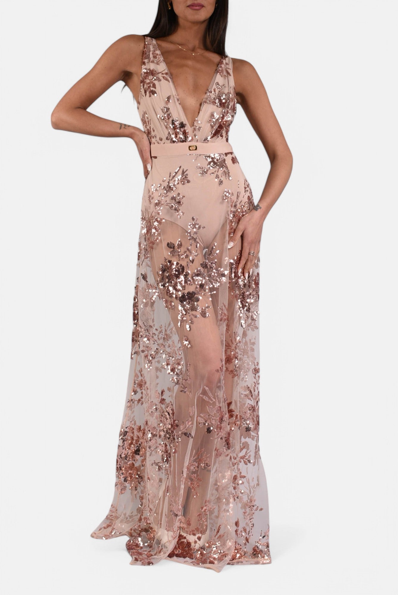 Abito lungo in jersey con paillettes ricamate