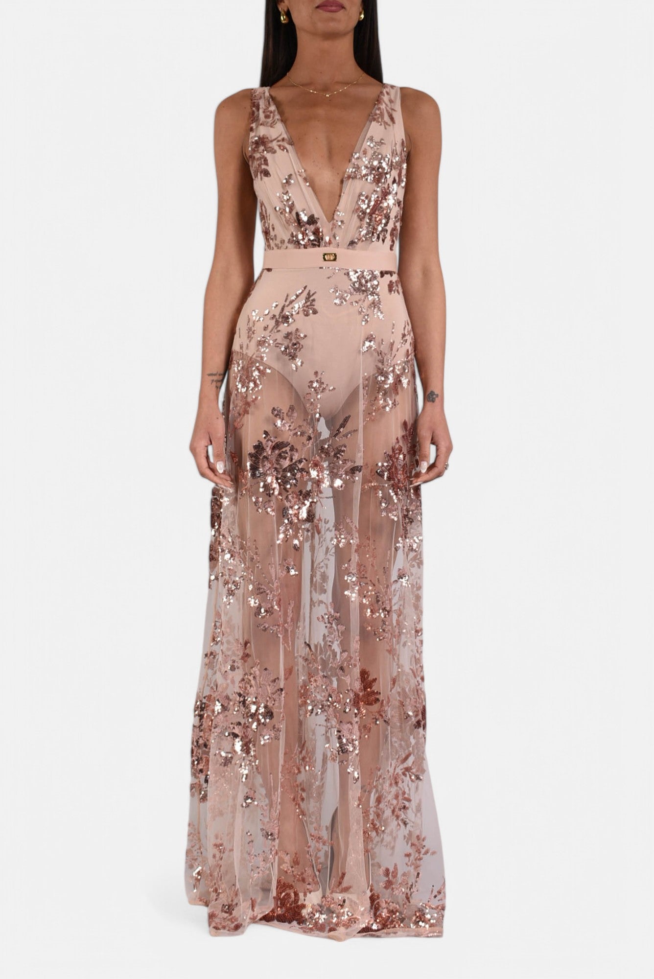 Abito lungo in jersey con paillettes ricamate
