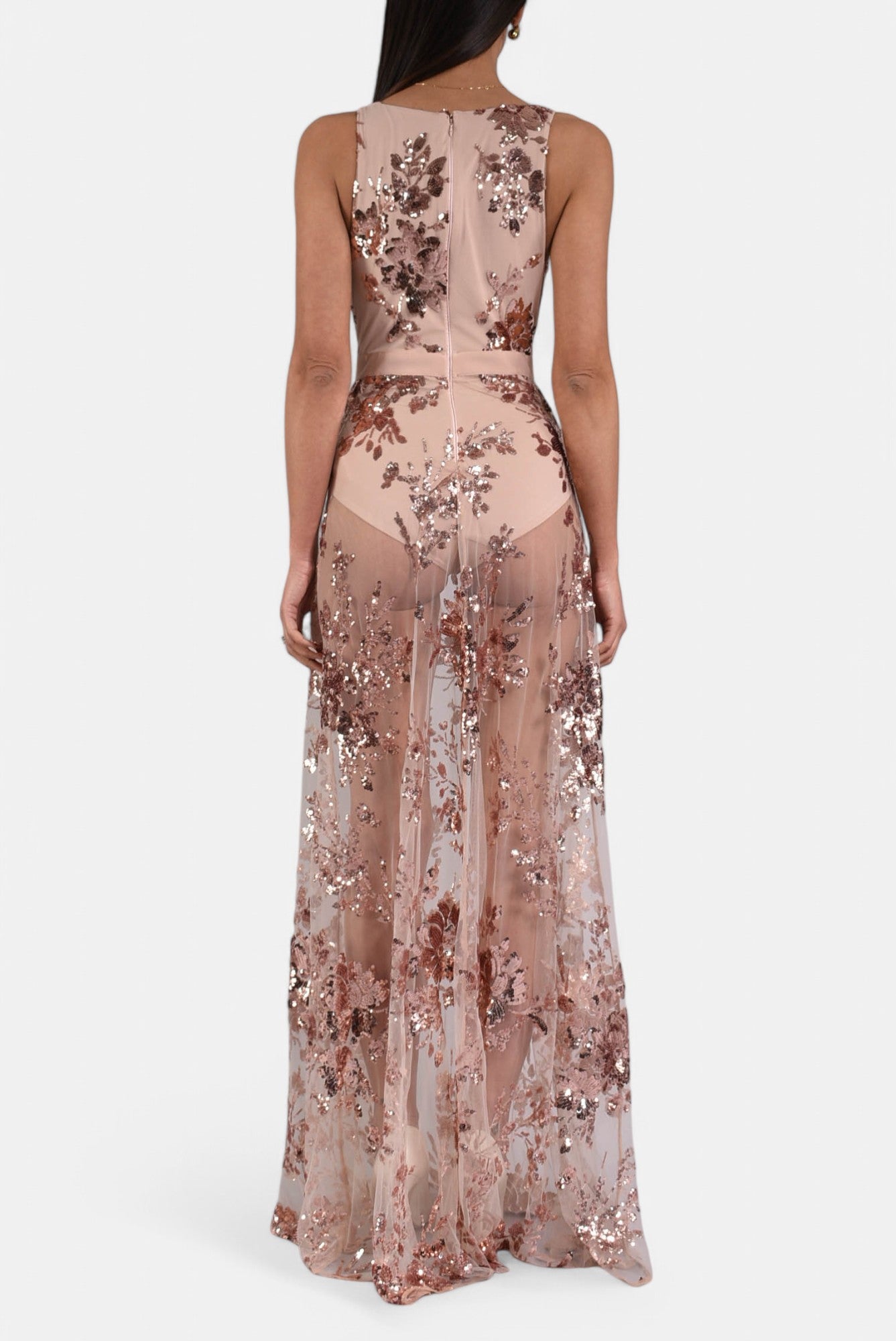 Abito lungo in jersey con paillettes ricamate