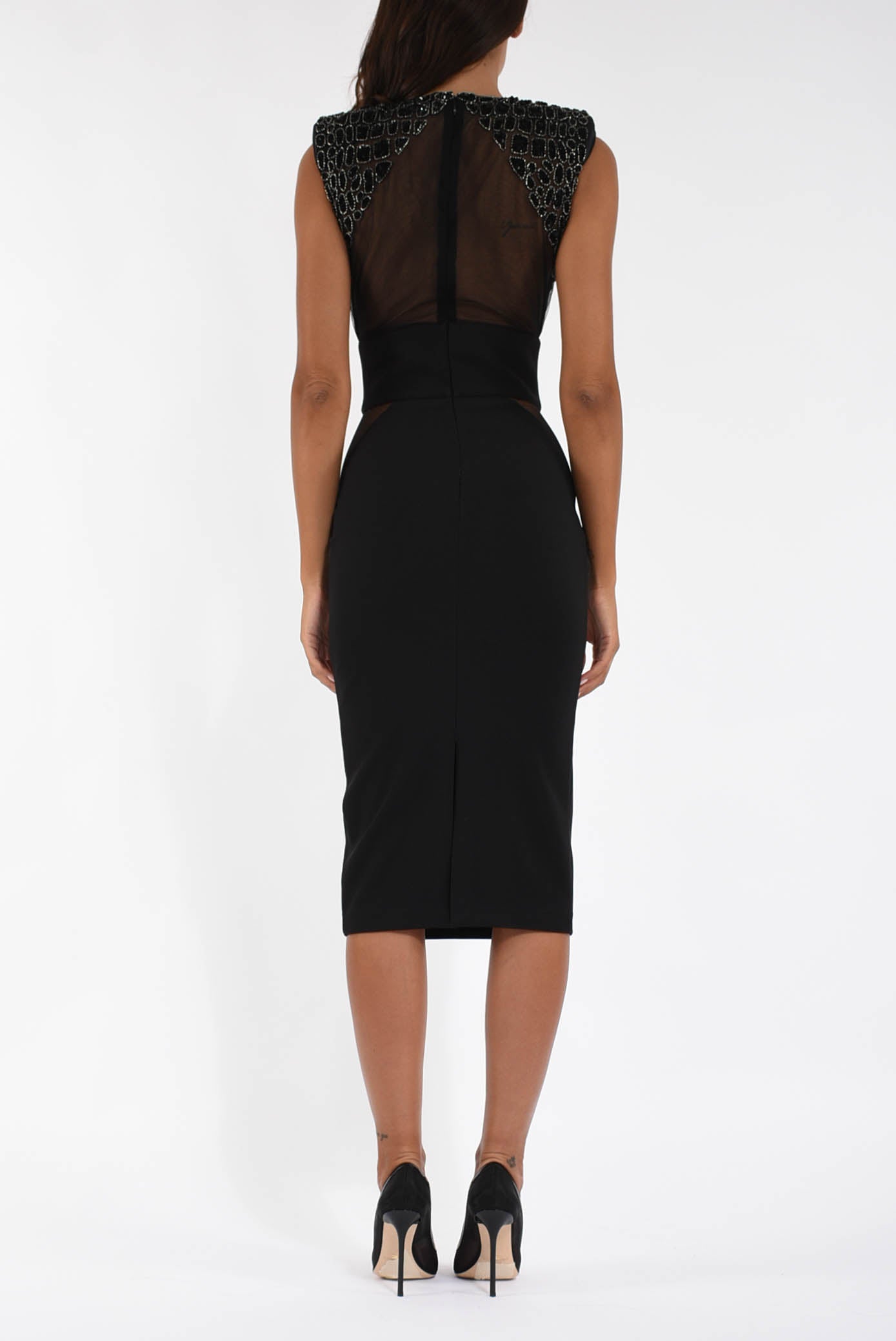 Abito midi in crêpe e tulle con ricami cocco