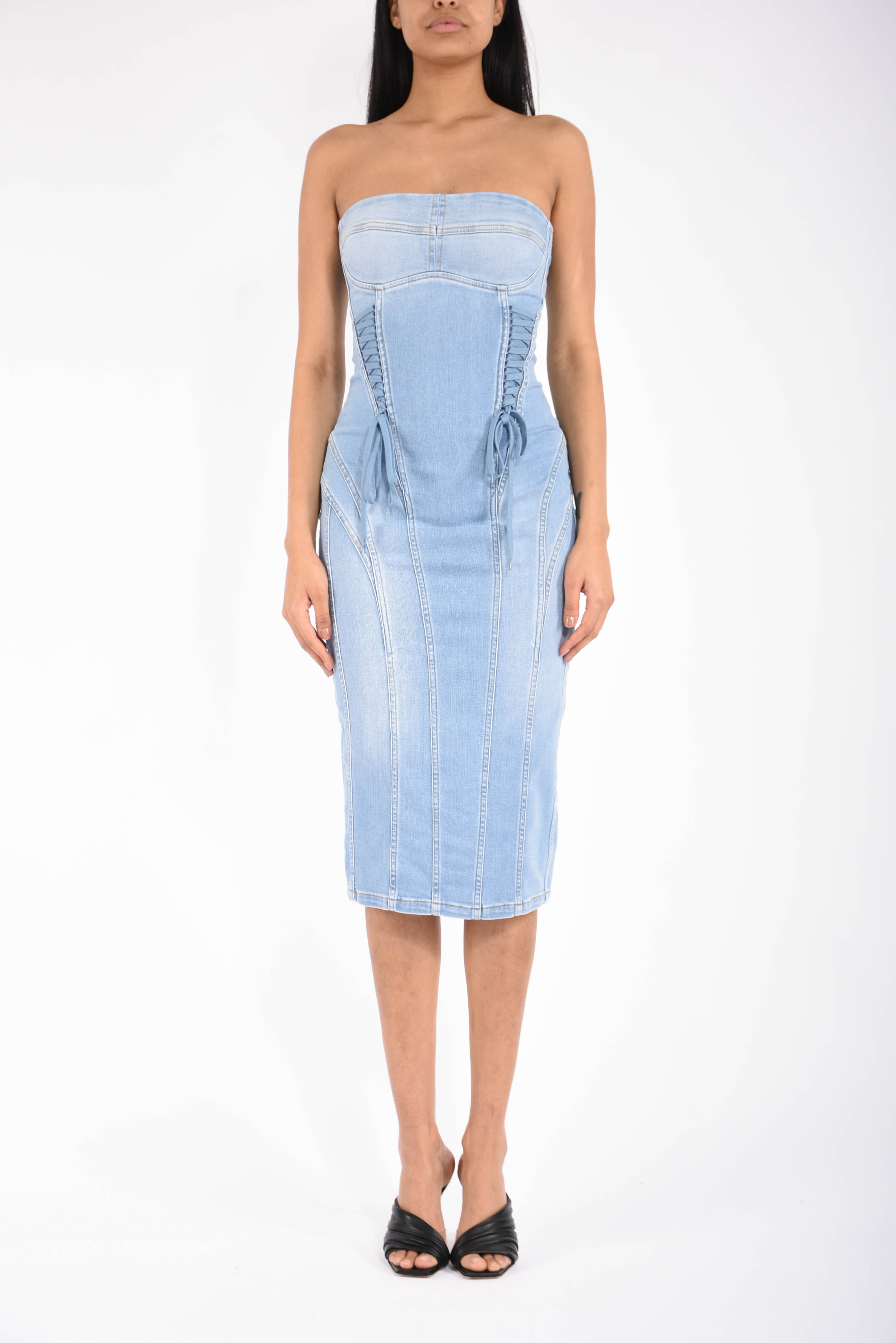 Abito midi in denim con lacci criss-cross
