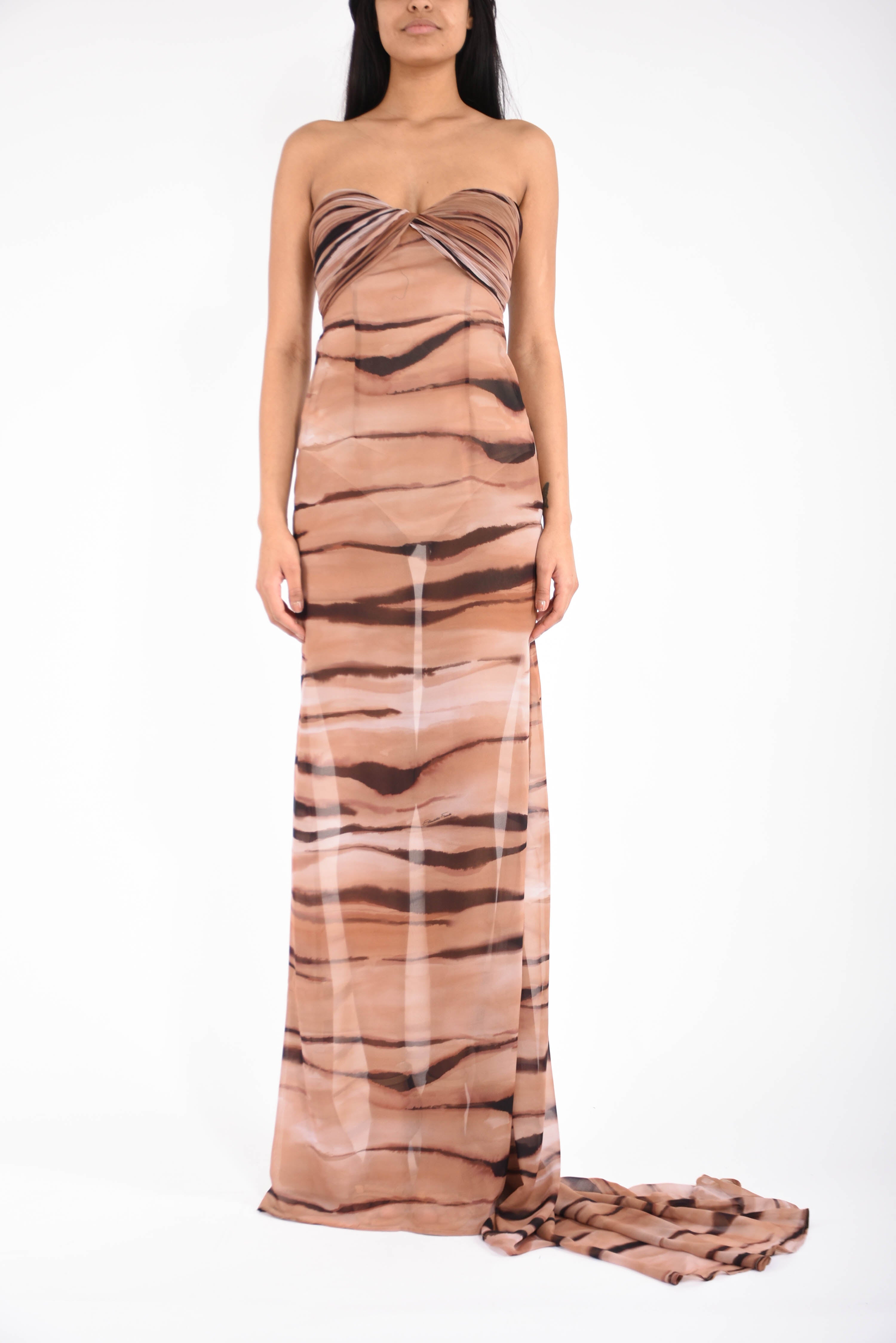 abito lungo in chiffon con stampa tigre