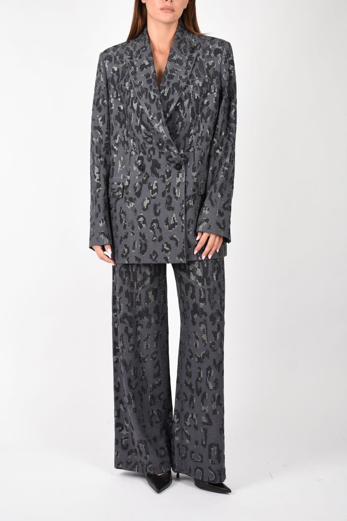 Pantalone wide leg con fantasia maculata e microstrass 107520A3GO