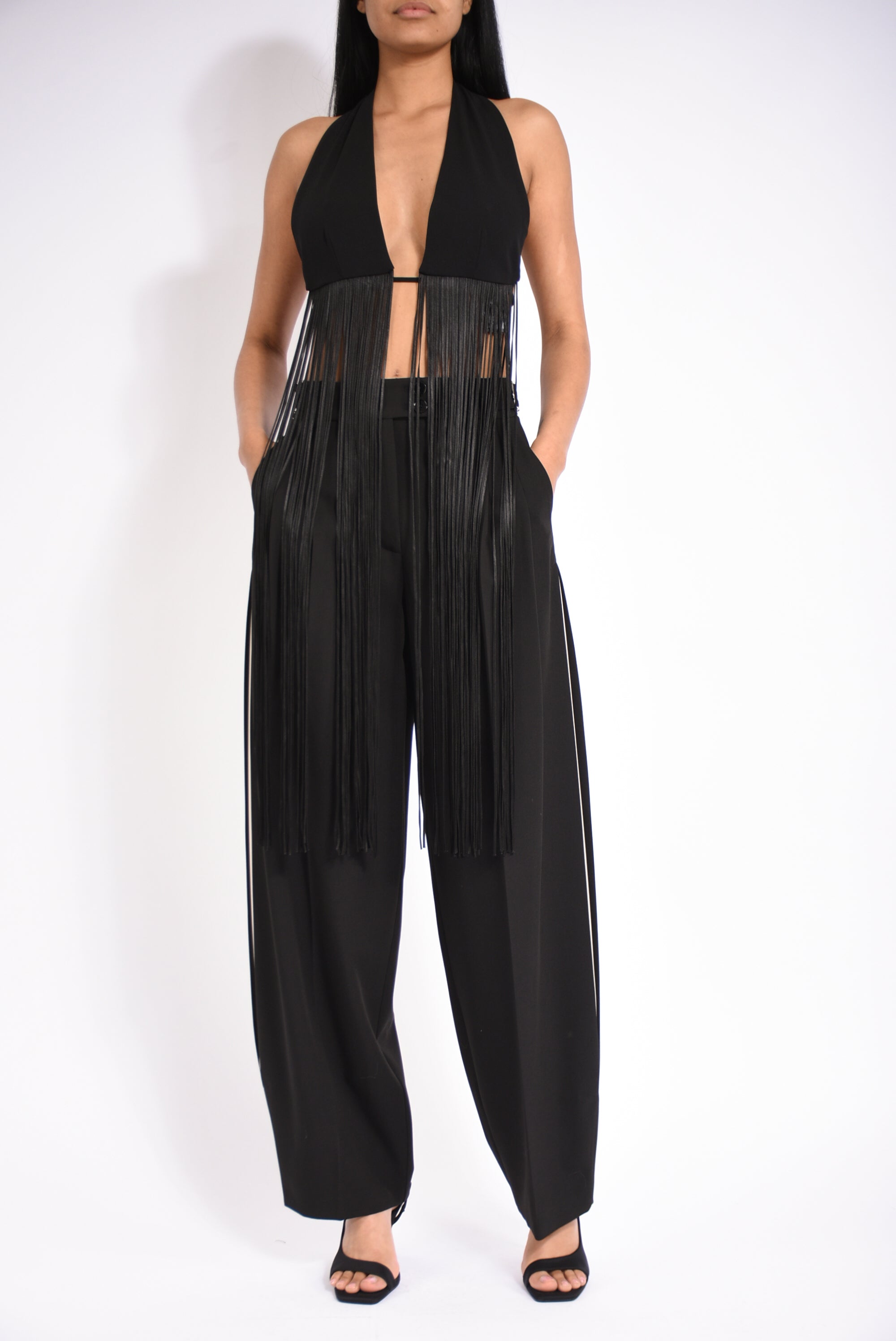 Pantaloni palazzo con inserti in raso