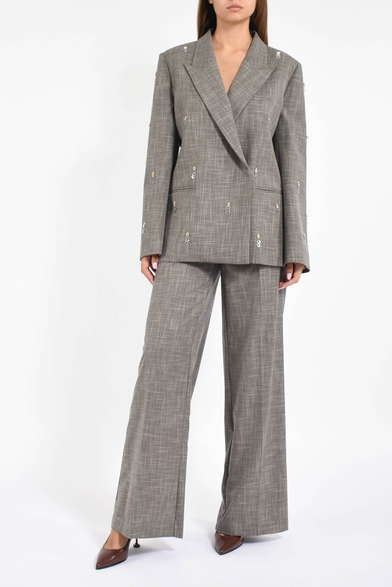 pantaloni dritti in tela tramata