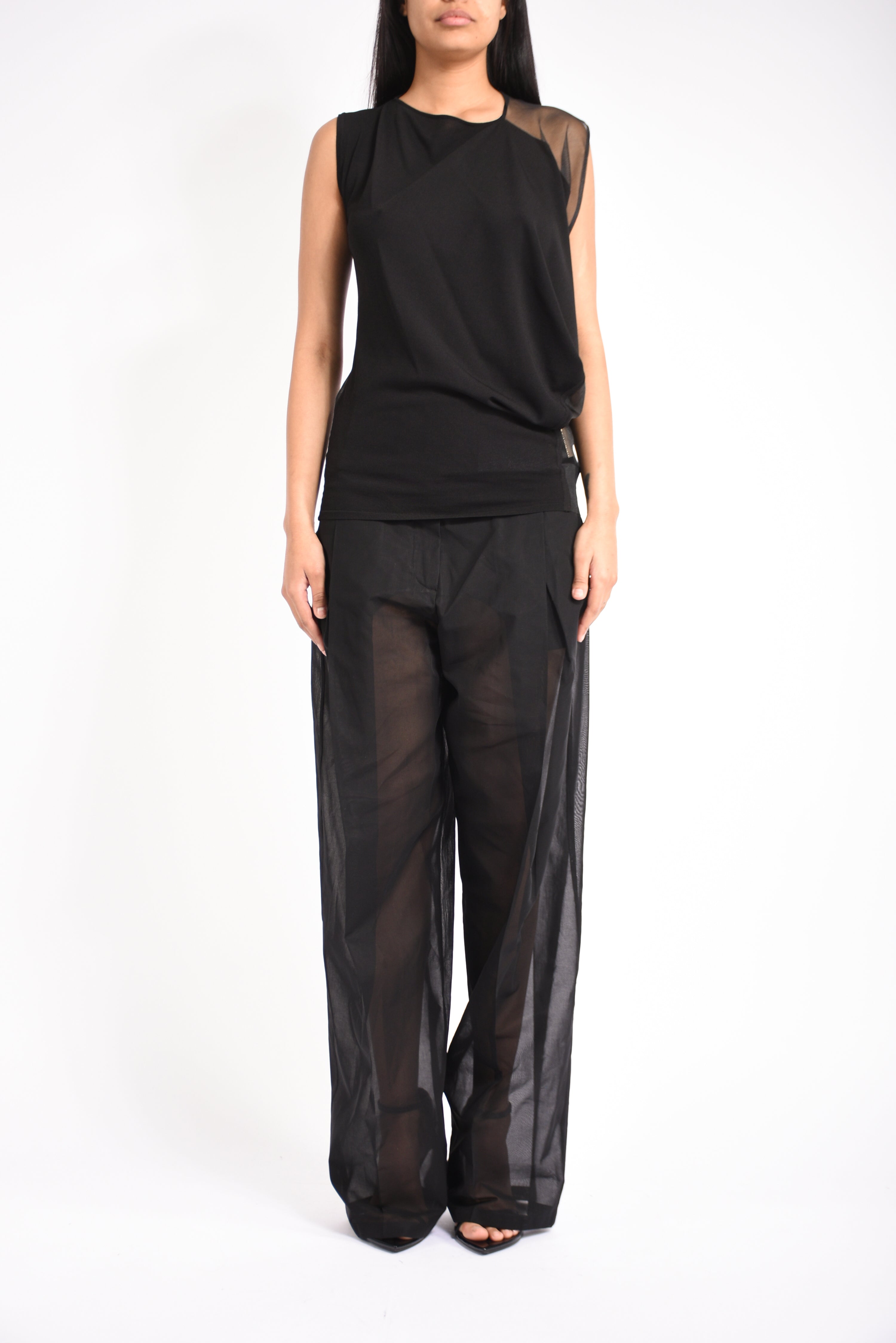 pantaloni in voile di organza ferito