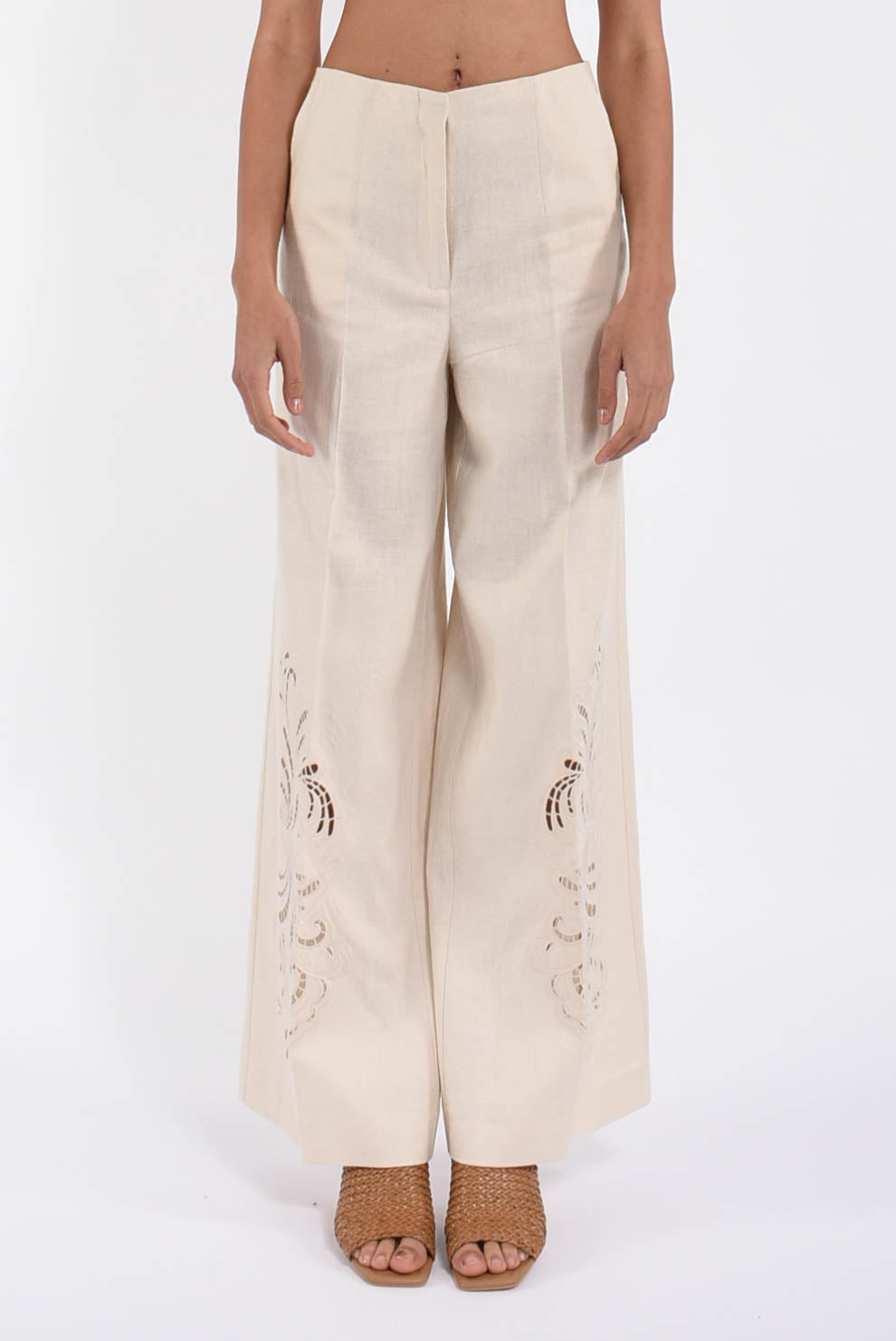 pantaloni in misto lino con ricamo