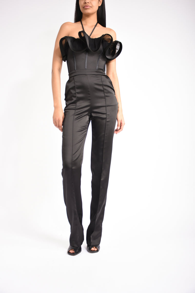 Tuta in raso stretch con maxi ruche