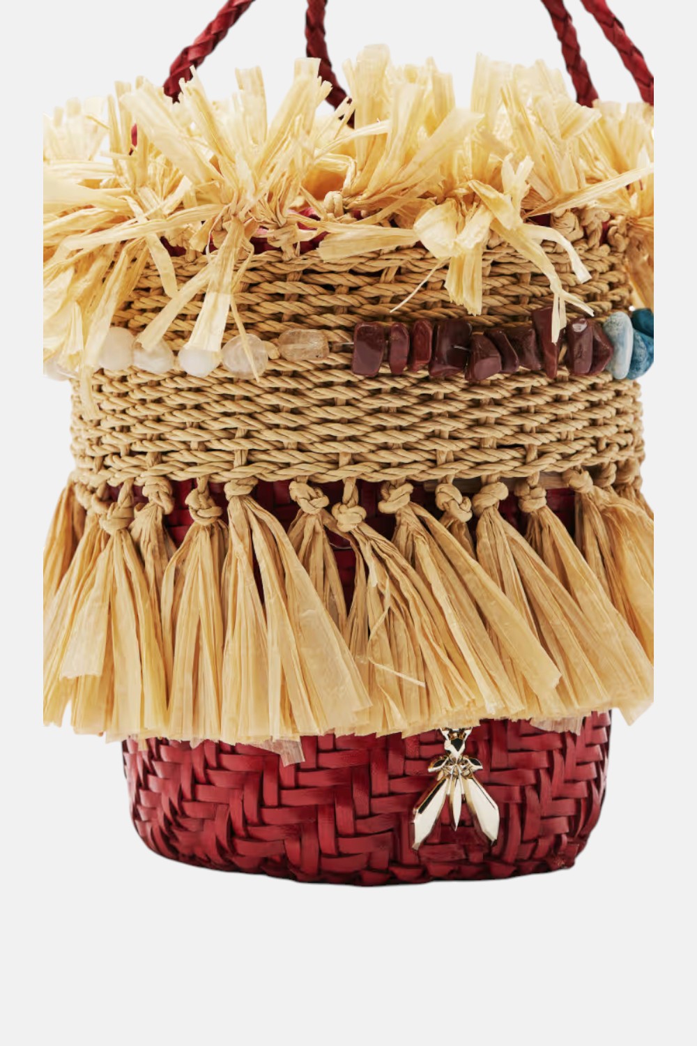 borsa a secchiello in rafia e pelle