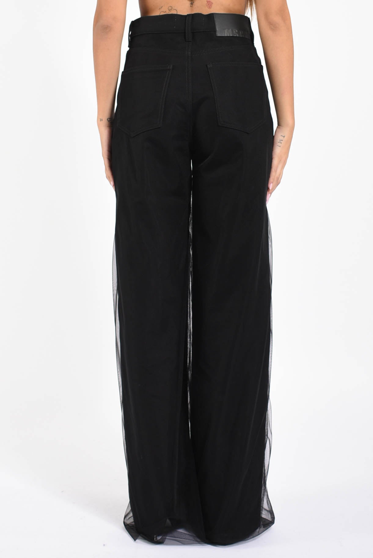 pantaloni in bull denim e tulle