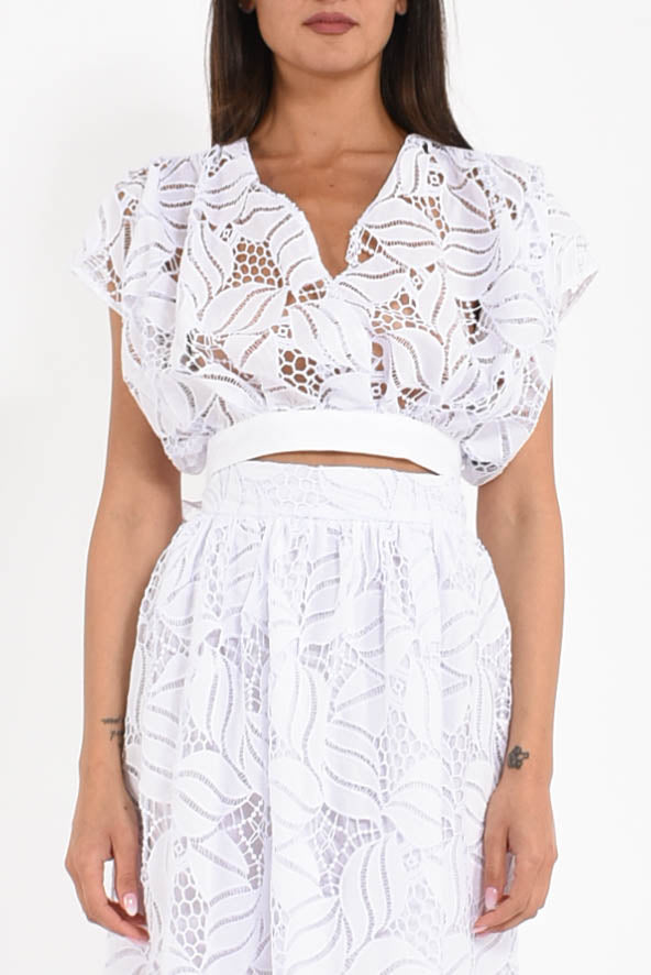 camicia cropped in pizzo di sangallo