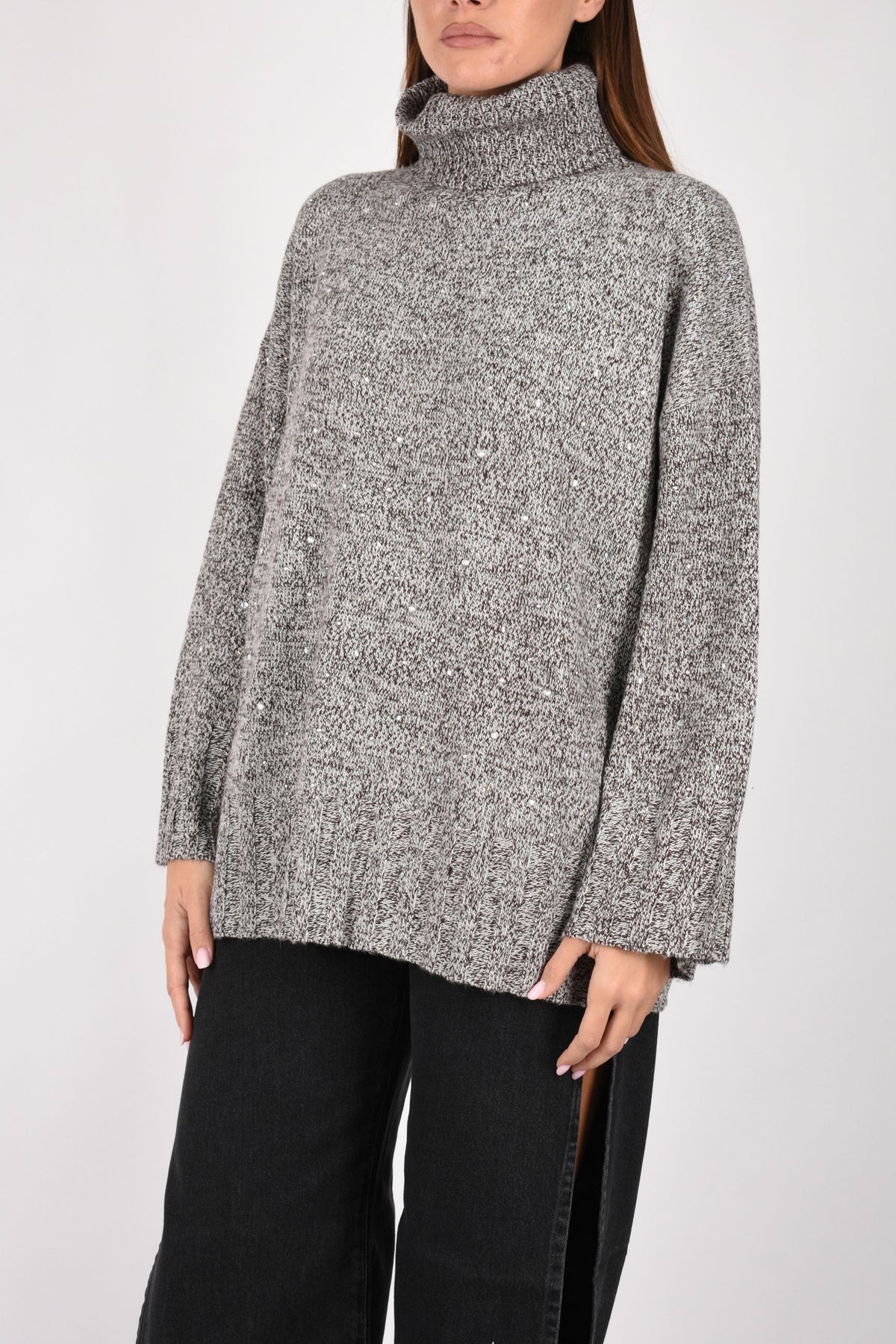 Maglione dolcevita in misto lana full strass 107337A3GD