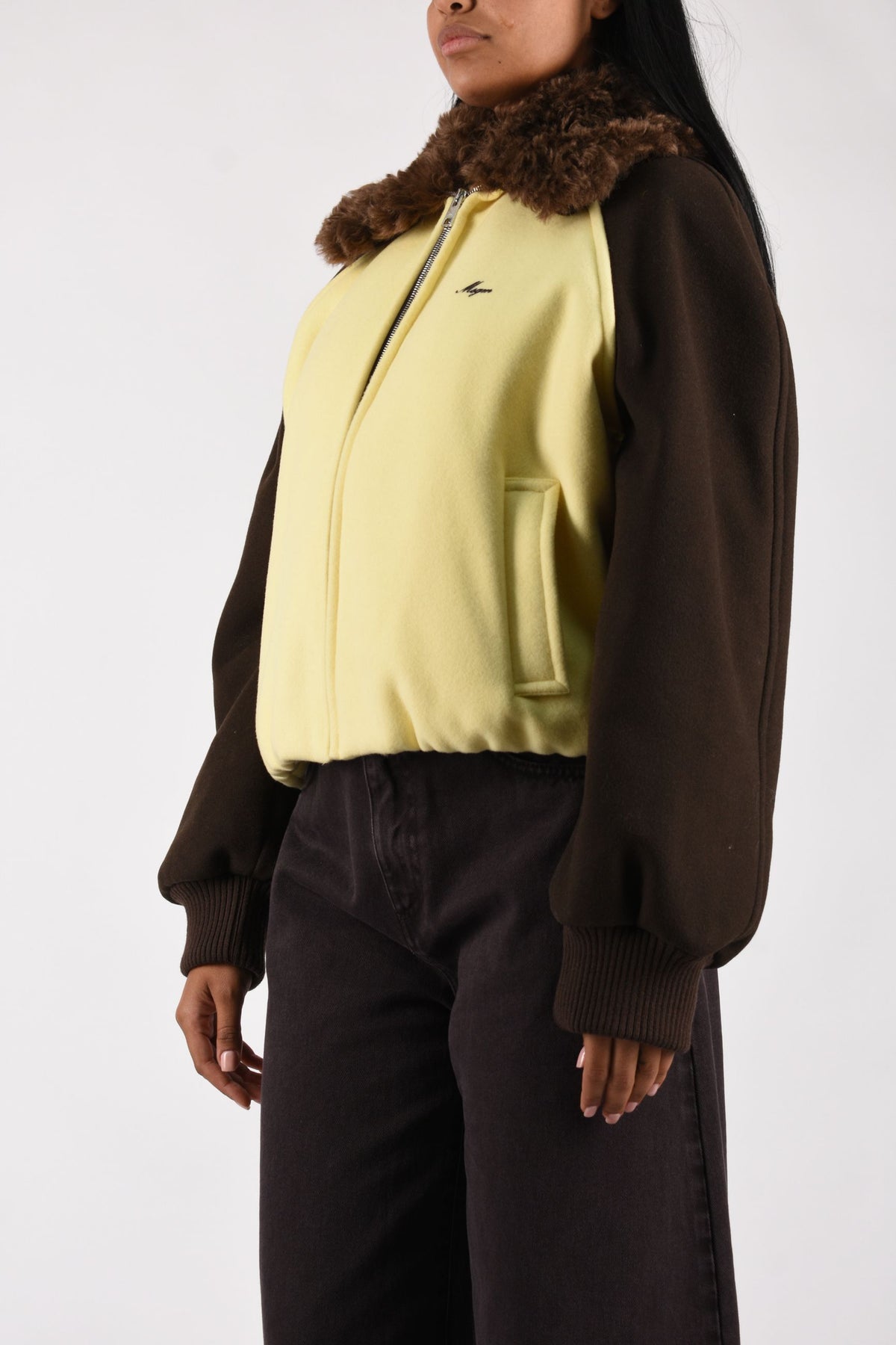 Bomber colorblock in misto lana con colletto in ecopelliccia 4141MDH05XY267602