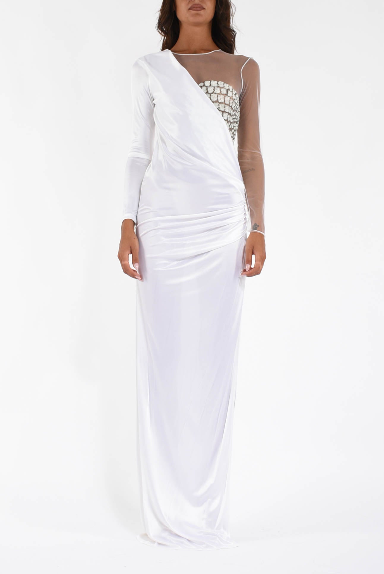 Abito lungo in tulle e jersey con ricami cocco