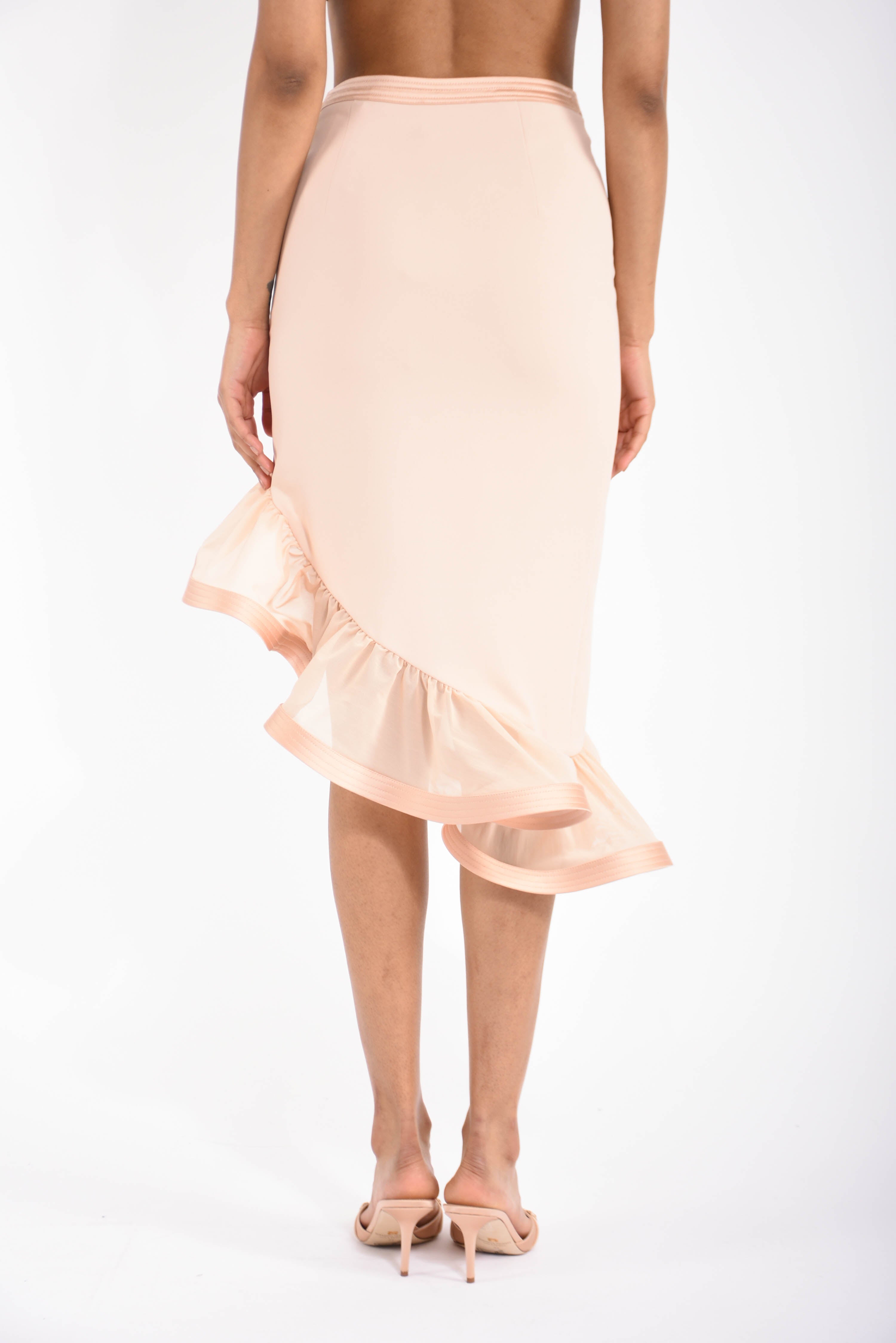 Gonna in crêpe e raso con balza