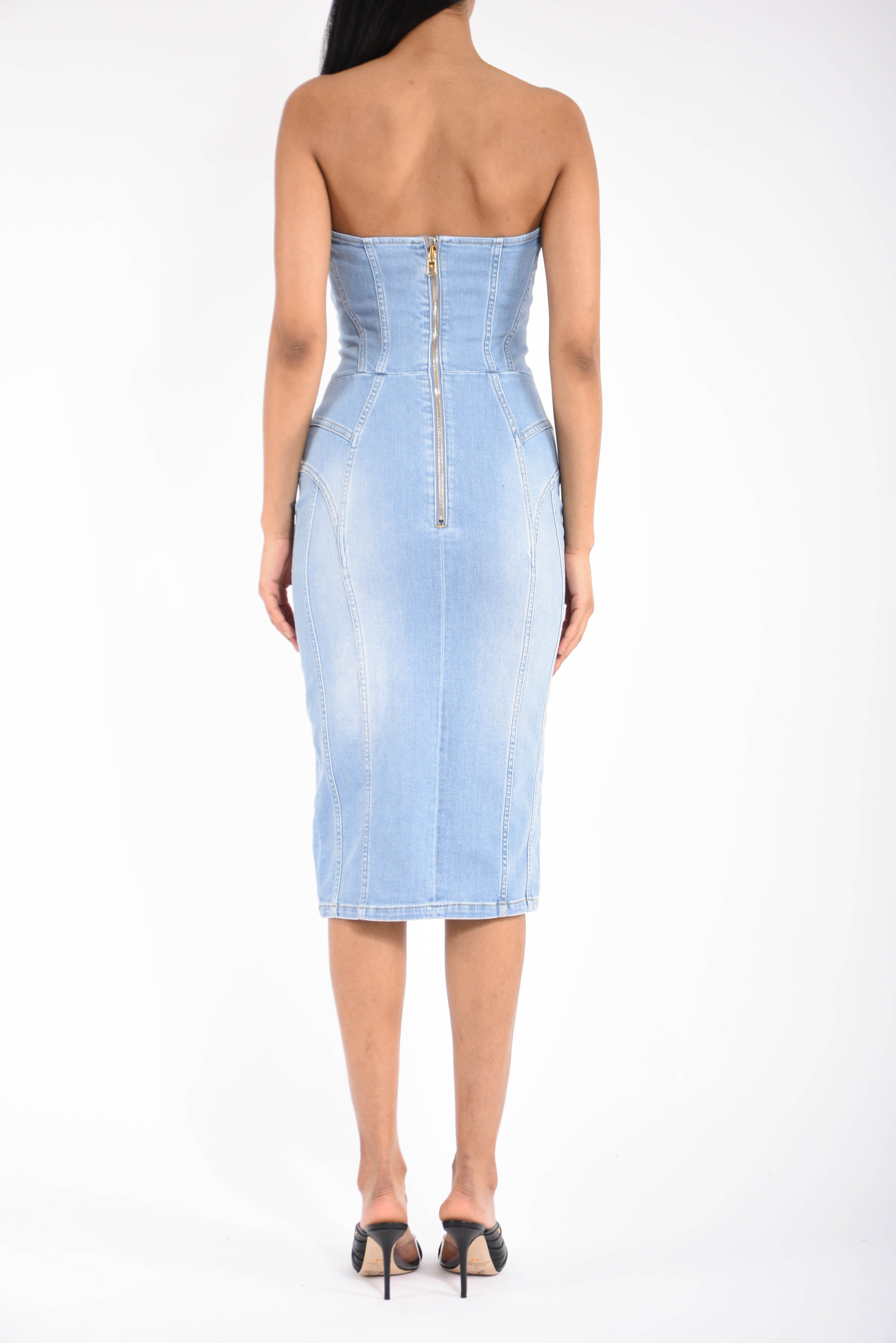 Abito midi in denim con lacci criss-cross