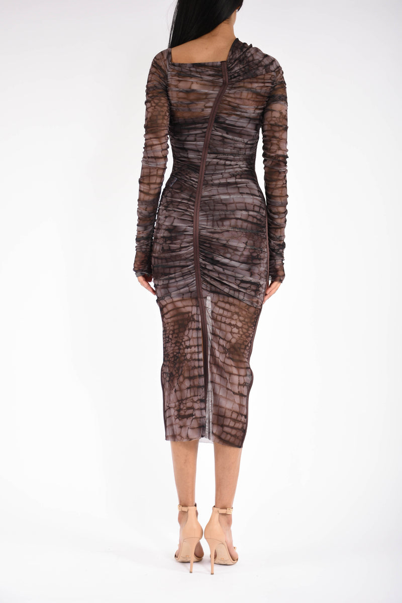 Abito midi in tulle con stampa alligatore