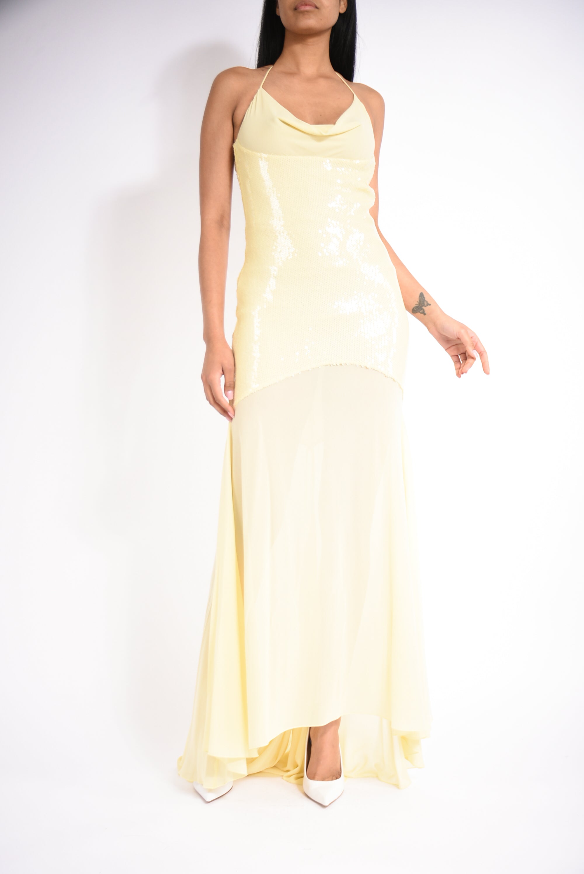 Abito lungo asimmetrico con paillettes