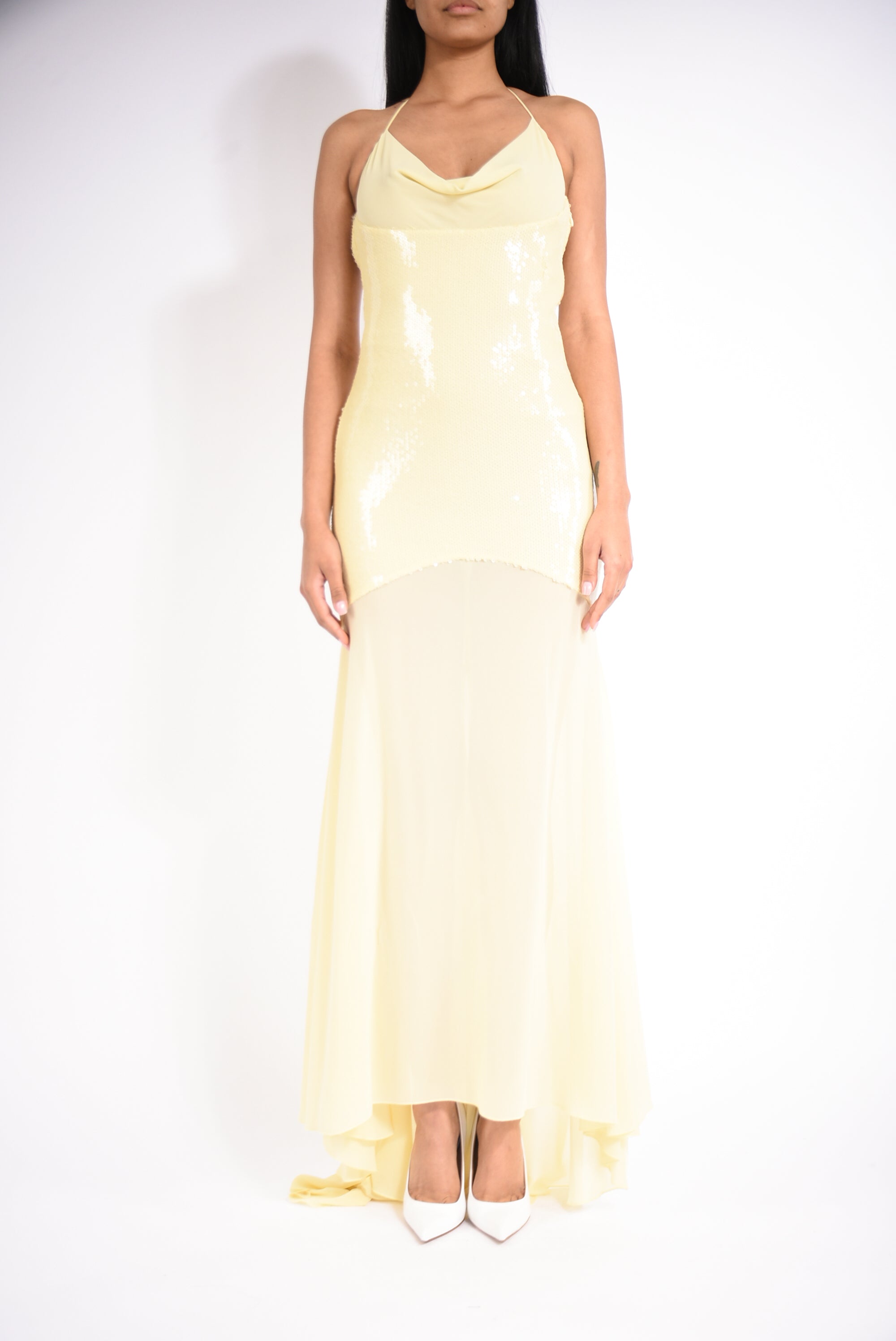 Abito lungo asimmetrico con paillettes