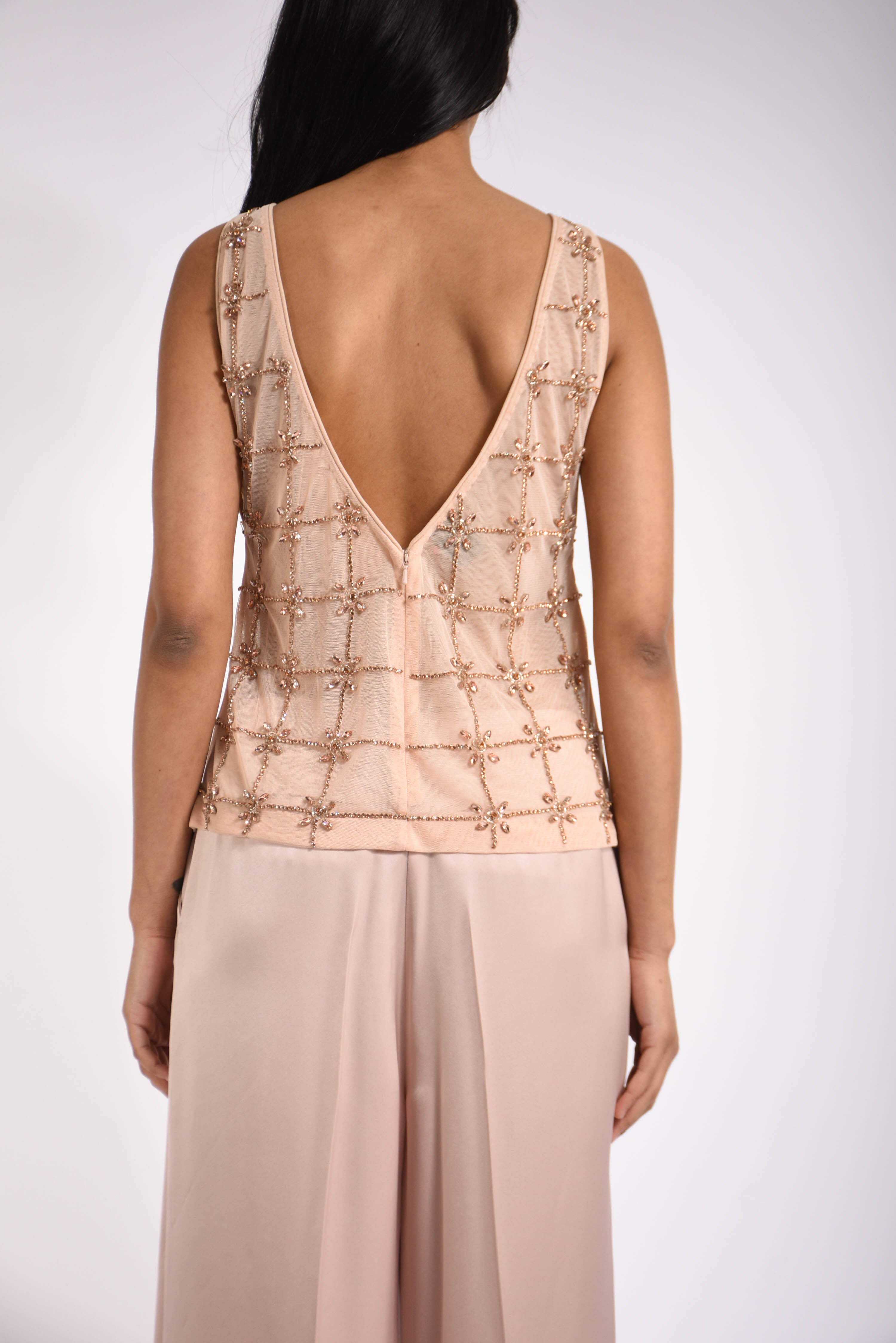 Top smanicato in tulle con cristalli quandong