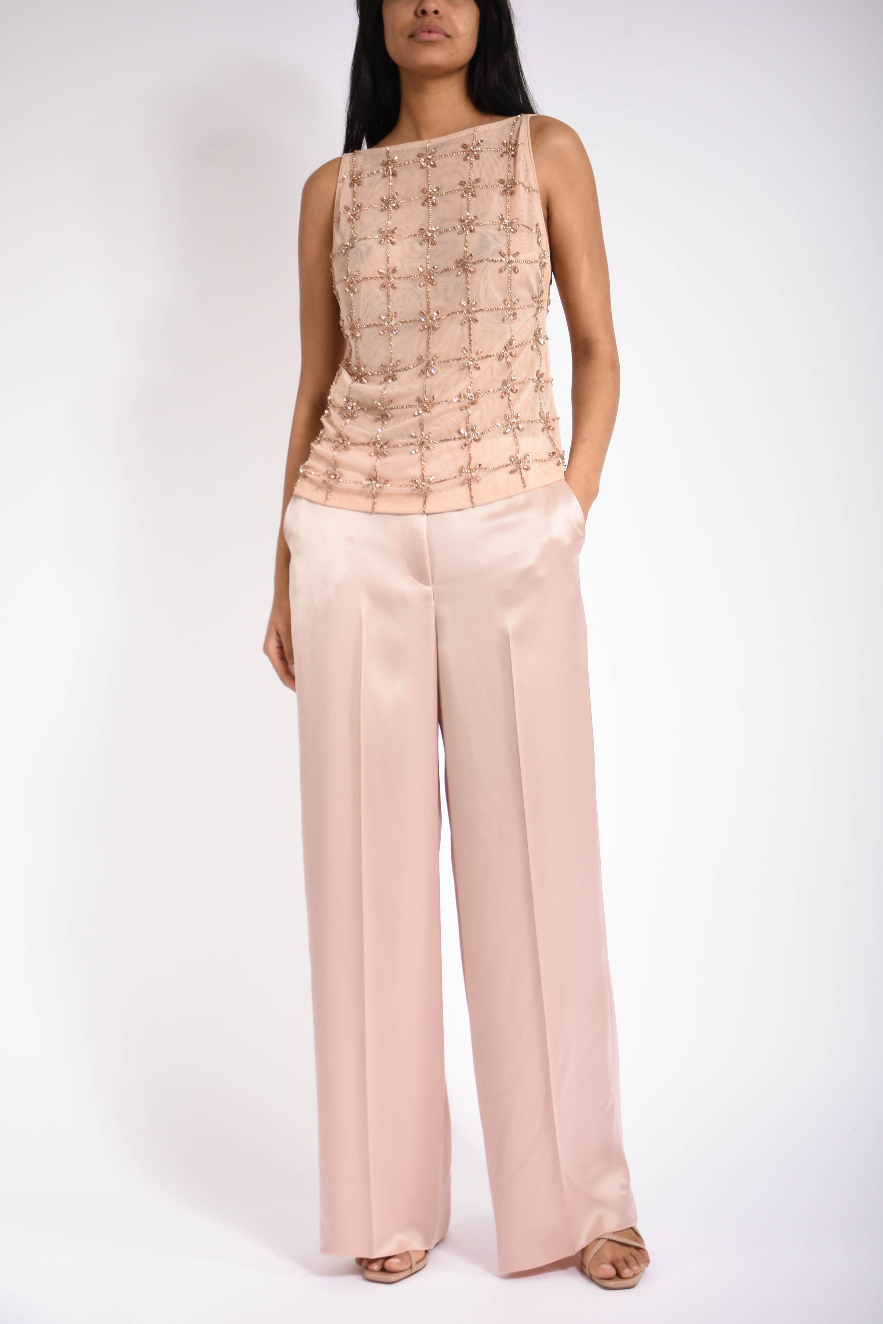 Top smanicato in tulle con cristalli quandong