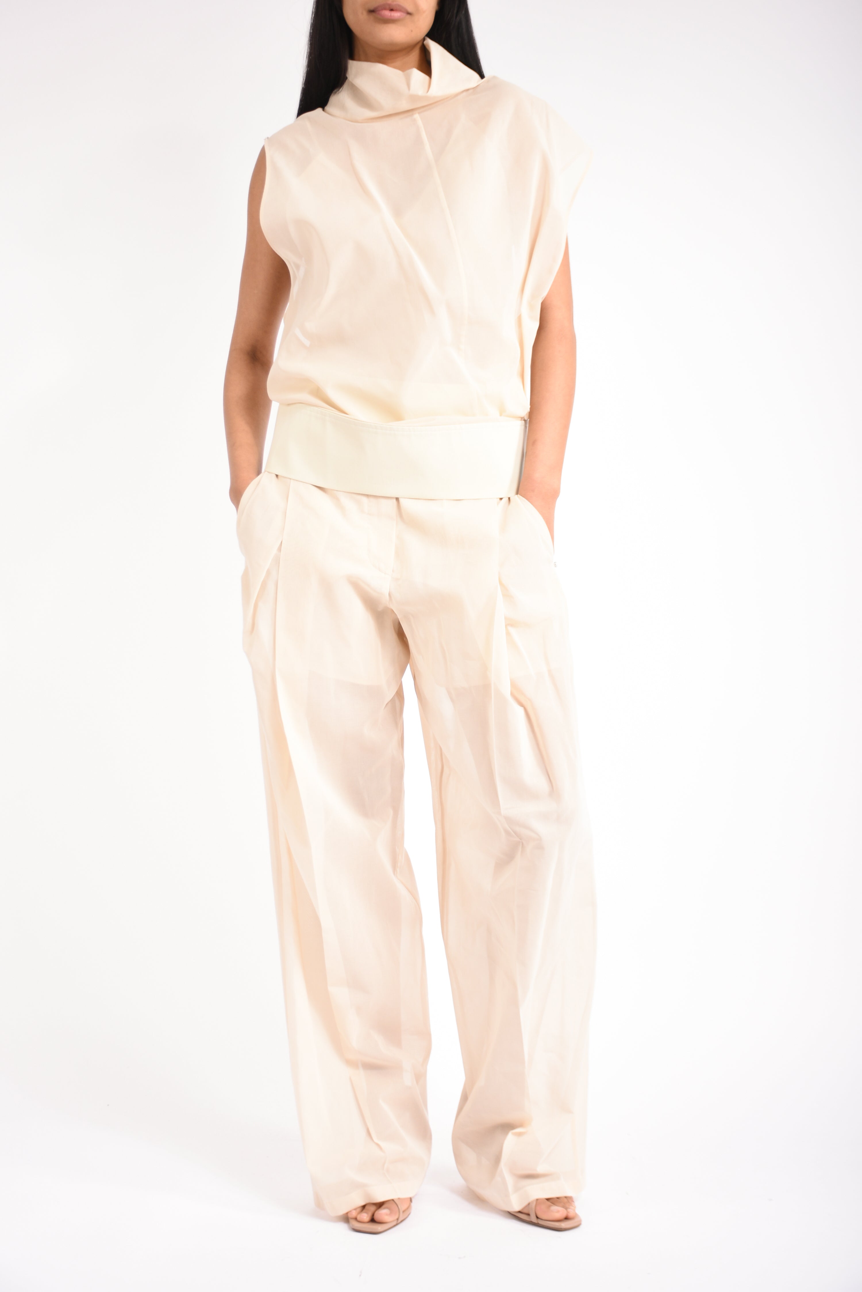 pantaloni in voile di organza ferito